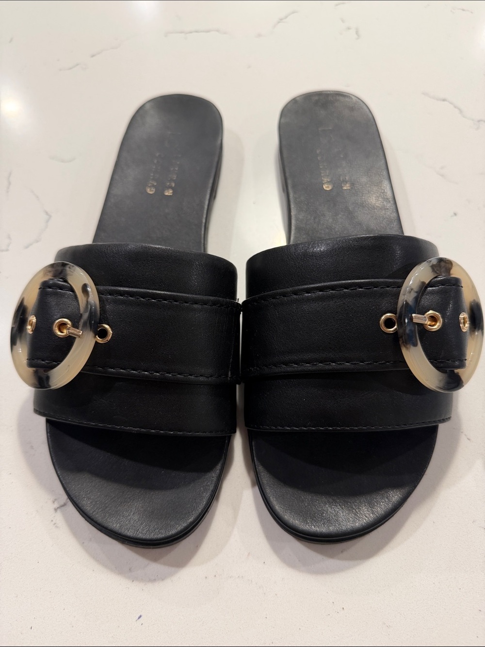 LC Lauren Conrad Henna Black Slide Sandals, Tortoiseshell Circle Buckle. Size 9.